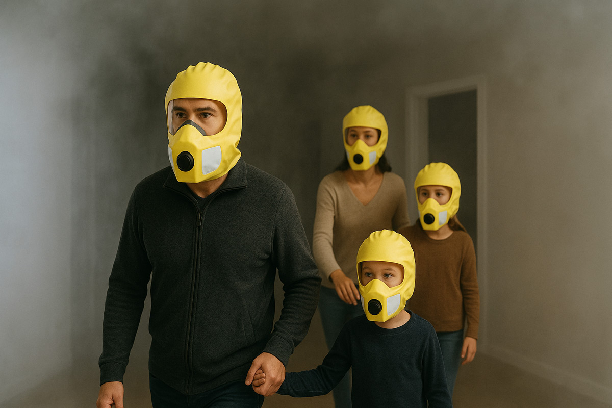 Familie i et røykfulllt rom, iført 2NE1 fluktmasker for en sikker evakuering.