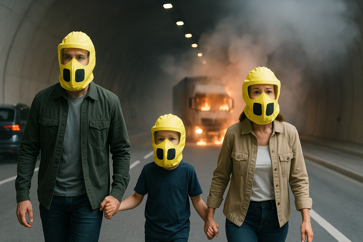 Familie med Maskito fluktmasker for trygg evakuering av tunell ved bilbrann.
